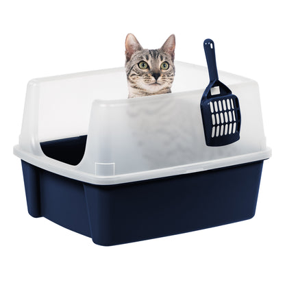 High Sided Open Top Cat Litter Box with Scoop, Navy